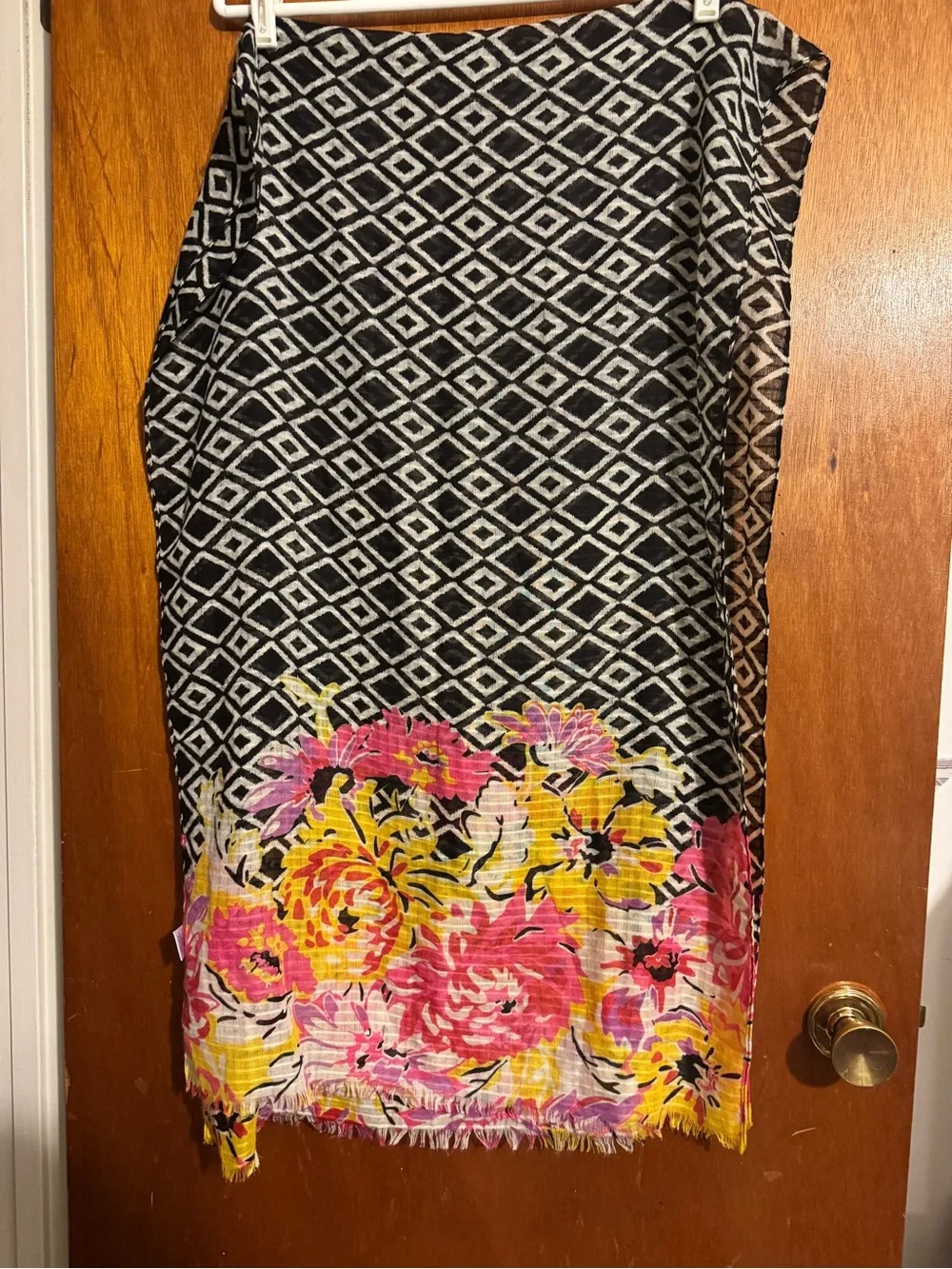 Black Geometric Scarf with Pink and Yellow Floral Border 23” x 71”